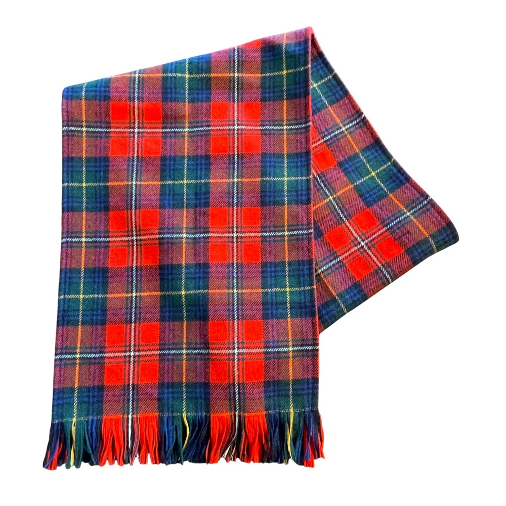 Vintage Pendleton 100% Virgin Wool Plaid Scarf Red Blue Green Fringe Made in USA